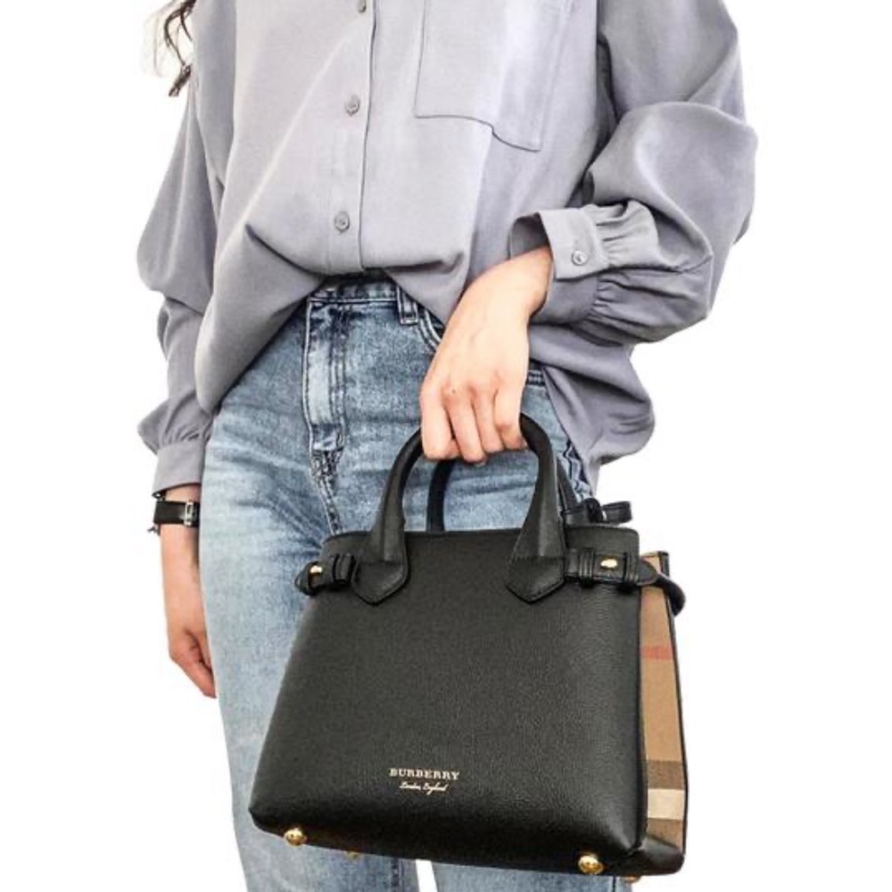 Burberry Small Banner Black Leather Cross Body Bag House Check Derby